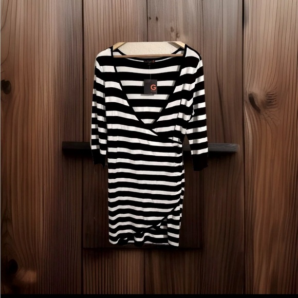 Guess XL Kaysia Wrap SWT Dress Black/White Striped Stretch Knee Length Side Zip - Picture 1 of 7